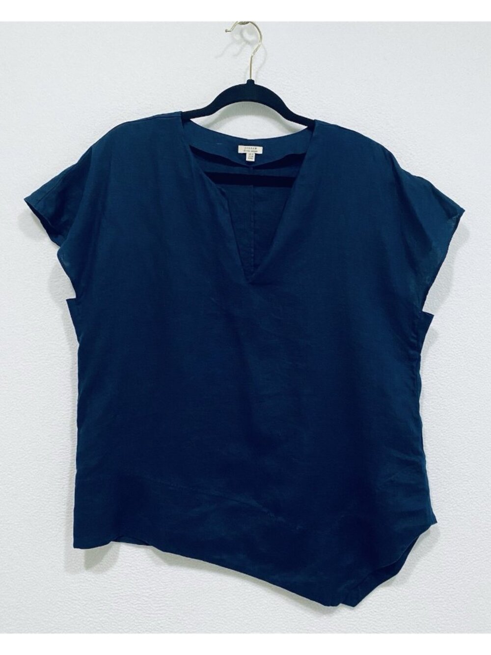 Jigsaw Top Womens 10 Navy Blue Linen Asymmetric Hem Lagenlook Minimalist Beachy